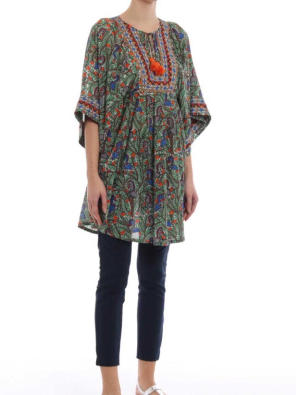 Tory Burch Cotton Silk Embroidered Tunic Mini Dress CoverUp S Short Sleeve Bird